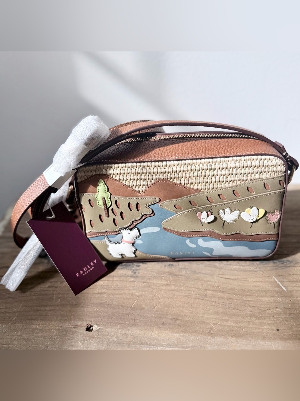 RADLEY LONDON NWT Spring Daze Cognac Leather & Woven Appliqué Crossbody Bag